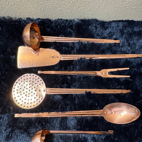 Vintage Solid Copper Kitchen Utensil Set Ladle Strainer Fork Spoon & Spatula - Picture 1 of 7